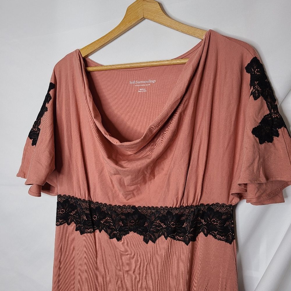Soft Surroundings Dusty Pink With Black Lace‎ Maxi Dress with Cowl Neck sz M - Picture 3 of 6